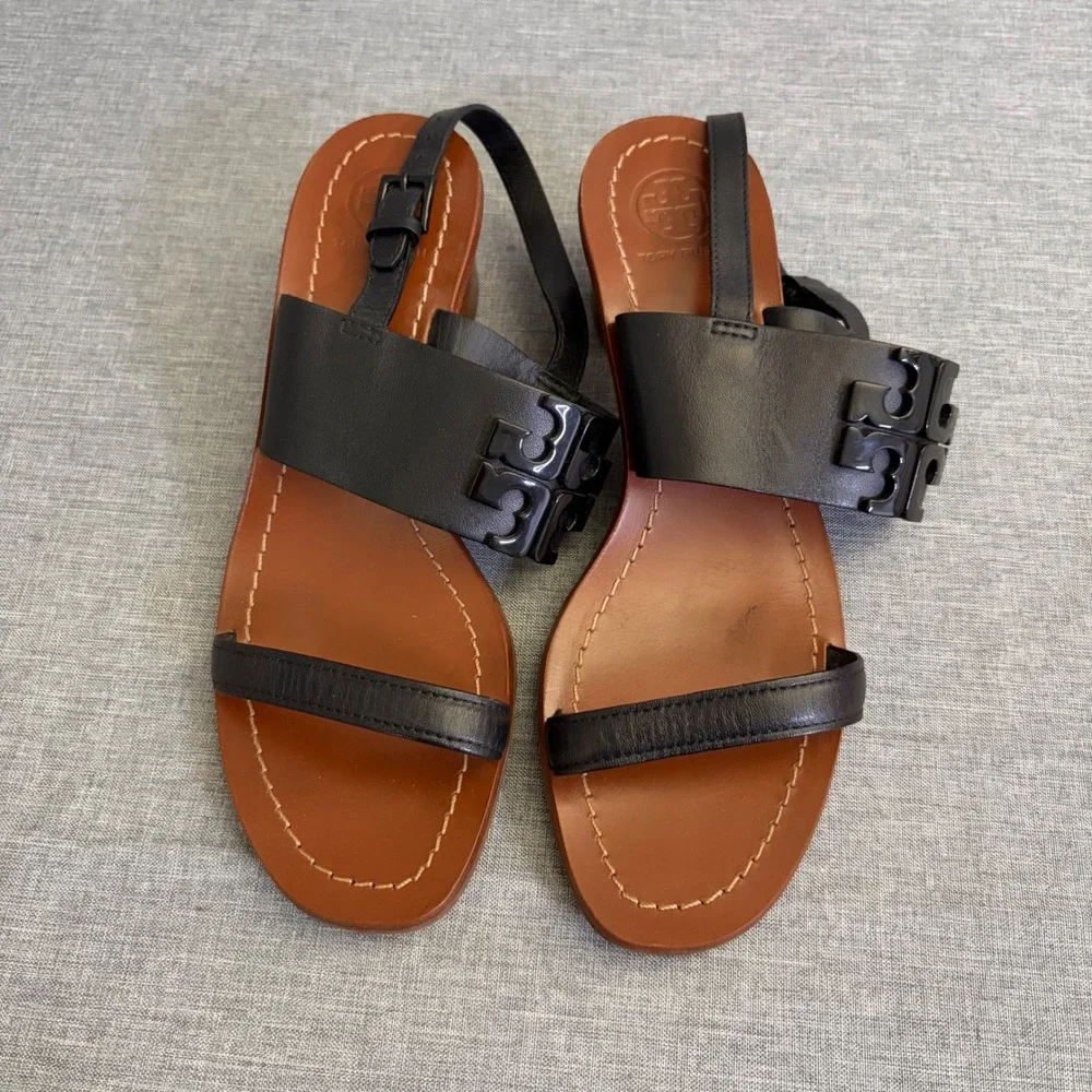 Tory Burch Sandals Womens 7M Black Ines Block Heel Leather Tonal Logo 5930A
